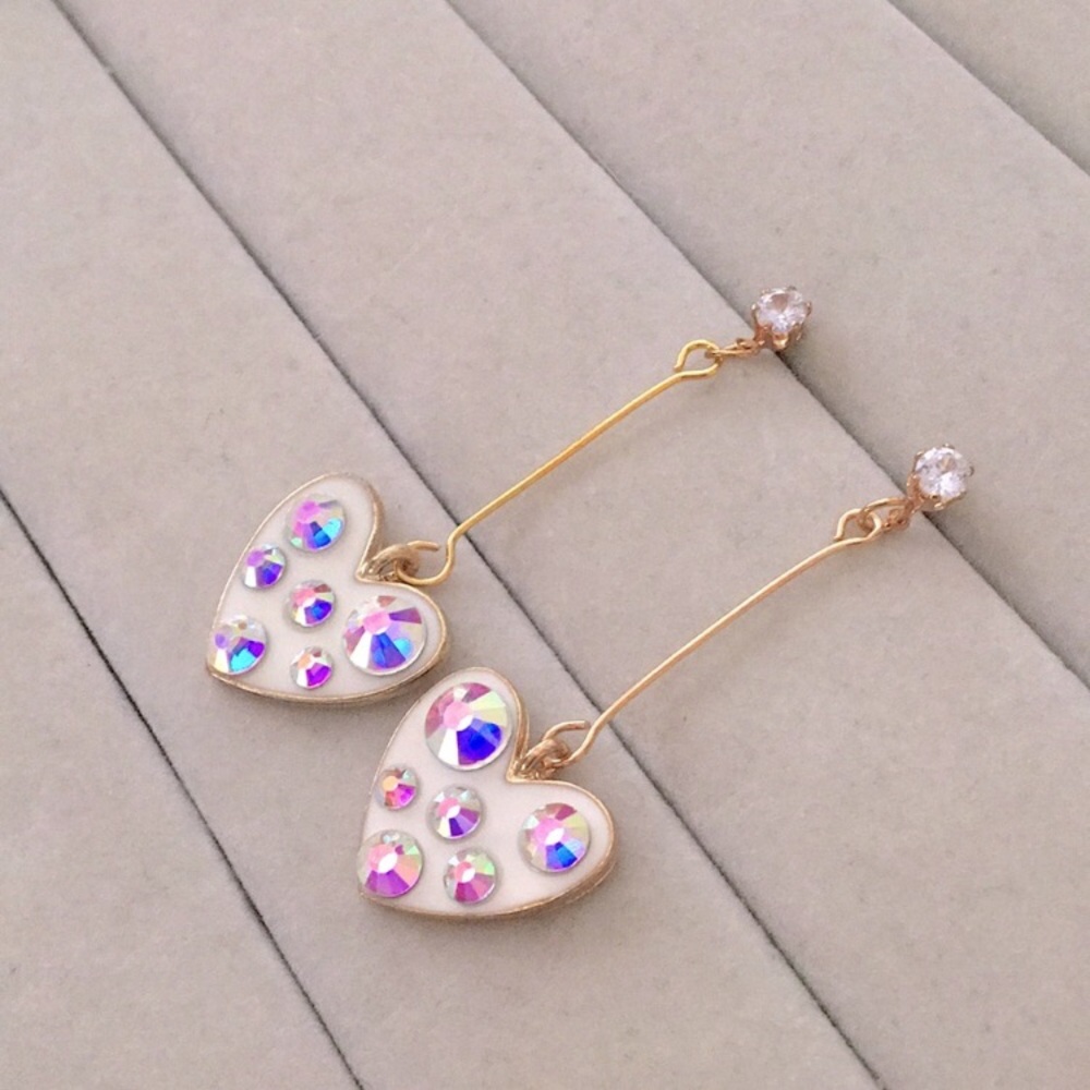 Cubic Zirconia + Aurora Borealis Crystal Gold Heart💗Drop Statement Earrings - Picture 5 of 5